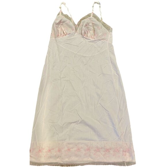 Vintage White w/ Pale Pink Floral Embroidered Slip Dress Adjustable Straps Lace - Picture 1 of 5